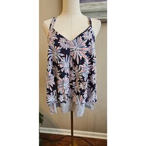 Crown & Ivy Women's Fireworks Sleeveless‎ Pullover Babydoll Tank Top Size L Blue